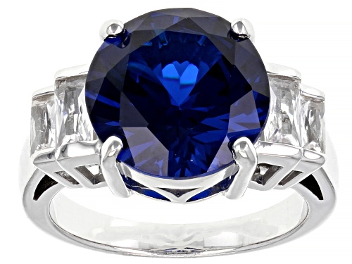 Photo of 5.74ct Round Lab Blue Spinel With 0.55ctw Lab White Sapphire Rhodium Over Sterling Silver Ring - Size 9