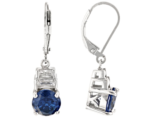 3.32ctw Lab Blue Spinel with 0.55ctw Lab White Sapphire Rhodium Over Sterling Silver Earrings