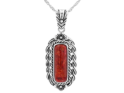 20x6mm Cabochon Red Coral Sterling Silver Pendant With Chain