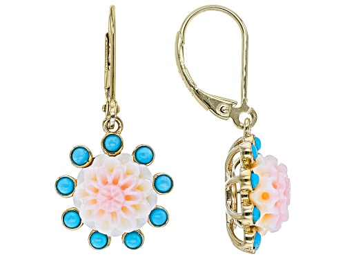 10mm Pink Carved Conch Shell With 2mm Round Sleeping Beauty Turquoise 18k Gold Over Silver Earrings