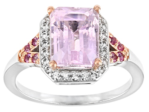 Photo of 2.45ct Octagonal Kunzite, 0.13ctw Pink Sapphire, 0.26ctw White Zircon Rhodium Over Silver Ring - Size 9