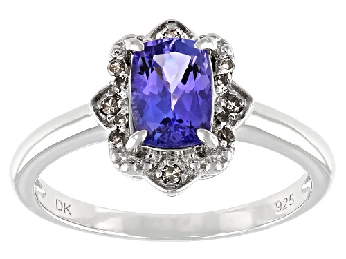 0.77ct Cushion Tanzanite With 0.06ctw Champagne Diamond Accent Rhodium Over Sterling Silver Ring - Size 8