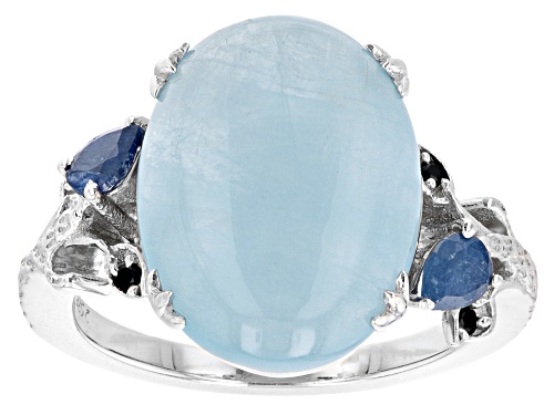 Photo of 16x12mm Oval Dreamy Aquamarine And 0.36ctw Blue Sapphire & .02ctw Black Spinel Rhodium Over S/S Ring - Size 9