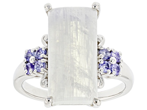 16x8mm Baguette Cabochon Rainbow Moonstone With 0.32ctw Tanzanite Rhodium Over Sterling Silver Ring - Size 7