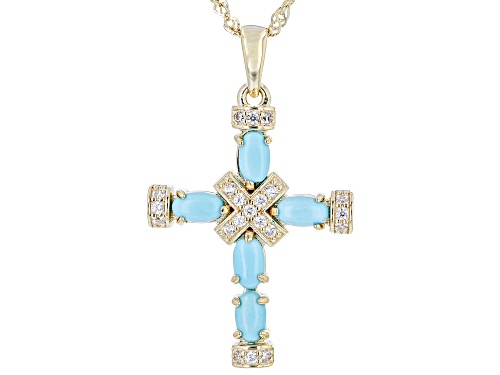 5x3mm Sleeping Beauty Turquoise With 0.18ctw Zircon 18k Yellow Gold Over Silver Cross Pendant/Chain
