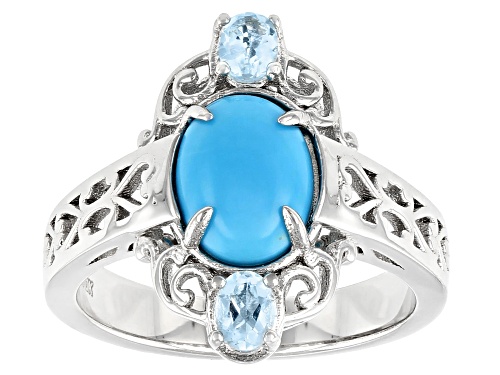 Photo of 9X7mm Oval Sleeping Beauty Turquoise With 0.37ctw Glacier Topaz Rhodium Over Sterling Silver Ring - Size 8