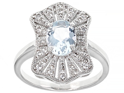 0.85ct Aquamarine and 0.19ctw White Zircon Rhodium Over Sterling Silver Ring. - Size 7
