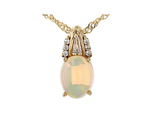 Photo of .95ct Oval Ethiopian Opal With .14ctw White Zircon 18K Yellow Gold Over Silver Pendant With Chain