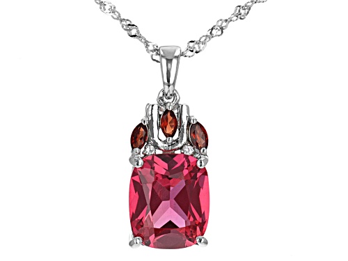 6.30ct Lab Padparadcha Sapphire, .33ctw Garnet, White Zircon Rhodium Over Silver Pendant With Chain