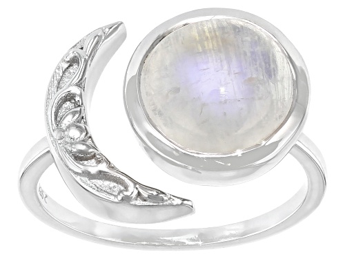 10mm Round Cabocohon Rainbow Moonstone Rhodium Over Sterling Silver Solitaire Ring - Size 10