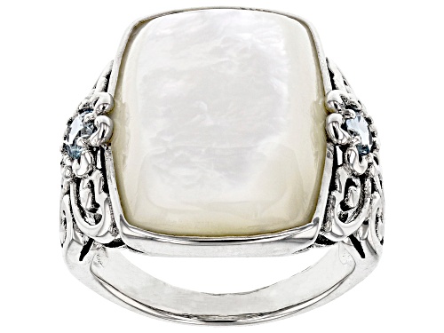 20x14mm Mother-Of-Pearl And 0.34ctw Glacier Topaz (TM) Rhodium Over Sterling Silver Ring - Size 6