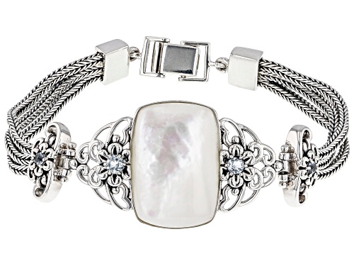 24X17mm Mother-Of-Pearl With 0.58ctw Glacier Topaz(TM) Rhodium Over Sterling Silver Bracelet - Size 8