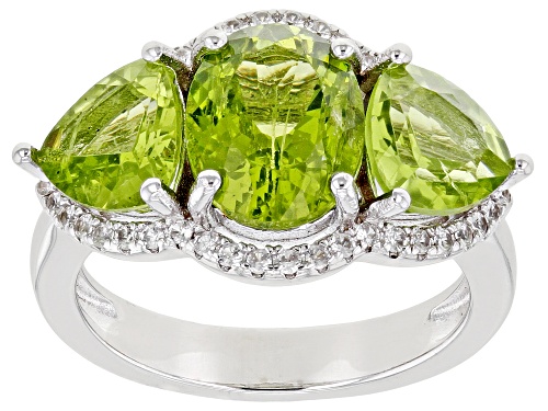 Photo of 4.93ctw  Manchurian Peridot With 0.30ctw Round White Zircon Rhodium Over Sterling Silver Ring - Size 9