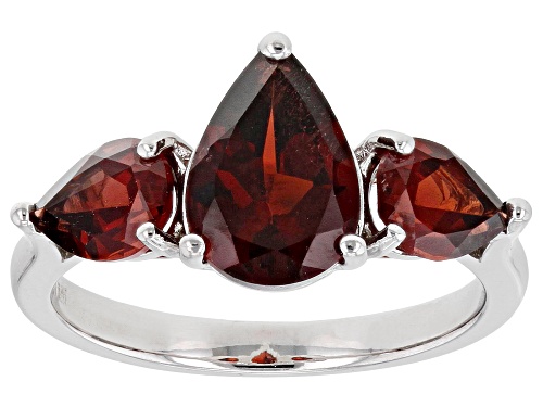 3.01ctw Pear Shaped Vermelho Garnet™ Rhodium Over Sterling Silver 3 Stone Ring - Size 9