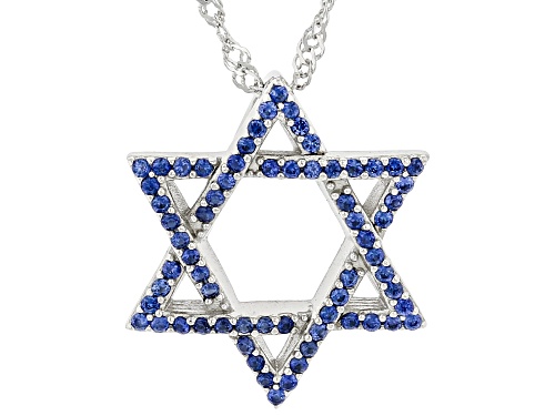 Photo of 0.36ctw Round Lab Created Blue Sapphire Rhodium Over Silver Star of David Pendant With Chain