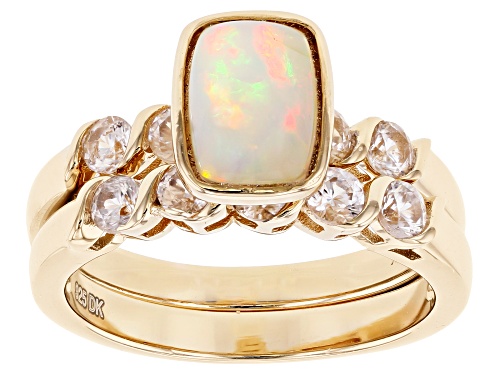 8x6mm Rectangular Cushion Ethiopian Opal With .99ctw White Zircon 18k Gold Over Silver Ring Set - Size 7