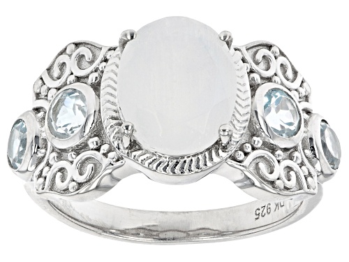 Photo of 10x8mm Oval Rainbow Moonstone With 0.71ctw Glacier Topaz™ Rhodium Over Sterling Silver Ring - Size 8