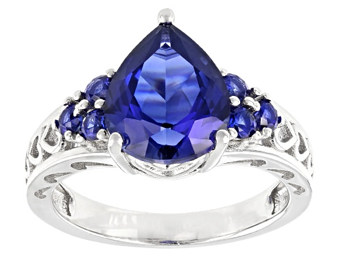 Photo of 2.98ct Pear Shape & .36ctw Round Lab Created Blue Sapphire Rhodium Over Sterling Silver Ring - Size 11