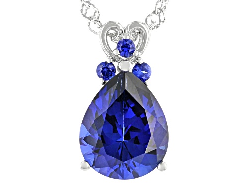 Photo of 3.09ctw Pear And Round Lab Created Blue Sapphire Rhodium Over Sterling Silver Pendant With Chain