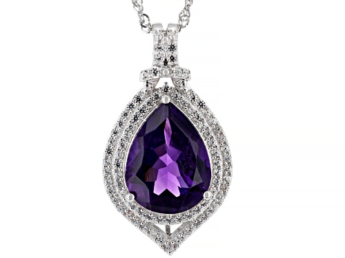 Photo of 5.95ct Pear Shaped African Amethyst With 1.08ctw White Zircon Rhodium Over Silver Pendant Chain