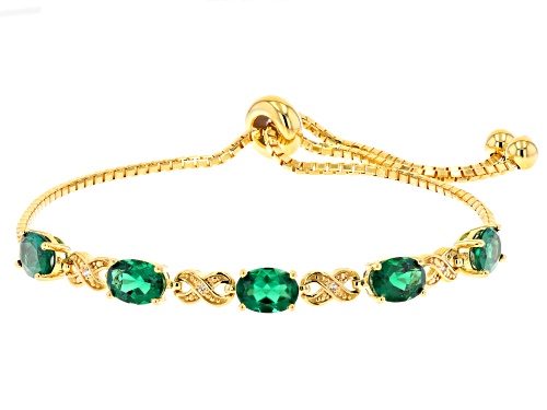 Photo of 3.06ctw Oval Lab Emerald With 0.03ctw Lab Sapphire 18K Yellow Gold Over Silver Bolo Bracelet