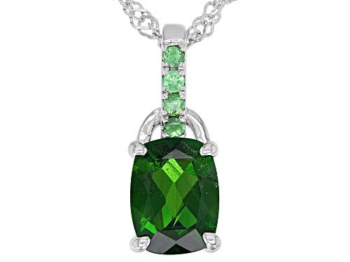 1.28ct Cushion Chrome Diopside With 0.07ctw Round Tsavorite Rhodium Over Silver Pendant Chain