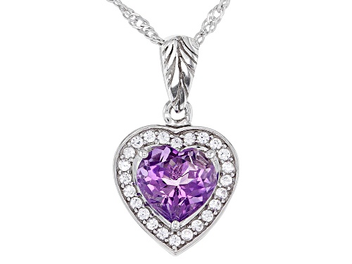 Photo of 1.39ct Heart Shaped Amethyst With 0.25ctw Lab Sapphire Rhodium Over Silver Pendant With Chain
