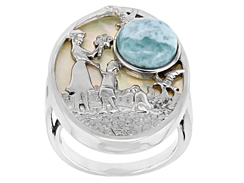 Photo of 8mm Larimar and 24x19mm Mother of Pearl Rhodium Over Sterling Silver Ring - Size 6