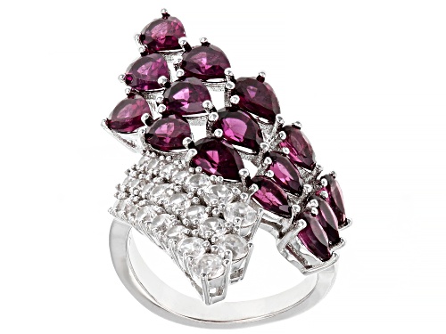 4.66ctw Pear shaped Raspberry Color Rhodolite and 2.13ctw White Zircon Rhodium Over Silver Ring - Size 7