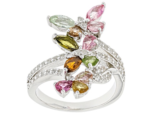 Photo of 1.71ctw Multi Tourmaline and 1.09ctw White Zircon Rhodium Over Sterling Silver Ring. - Size 7