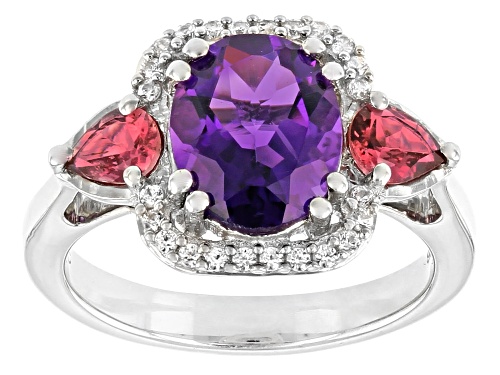 1.95ct Oval Amethyst With 0.48ctw Tourmaline & 0.19ct White Zircon Rhodium Over Sterling Silver Ring - Size 8