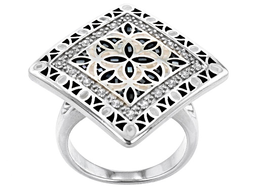 Mother Of Pearl With 0.26ctw Round White Zircon Rhodium Over Sterling Silver Ring - Size 7