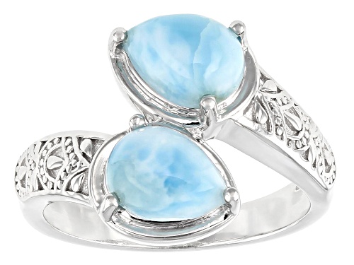 Photo of 8x6mm Larimar Rhodium Over Sterling Silver Bypass Ring - Size 7