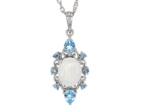 10x8mm Rainbow Moonstone With 0.76ctw Swiss Blue Topaz Rhodium Over Sterling Silver Pendant Chain