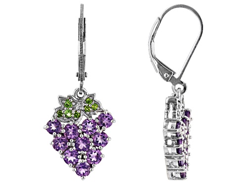 1.87ctw Round African Amethyst With 0.12ctw Chrome Diopside Rhodium Over Silver Grape Earrings