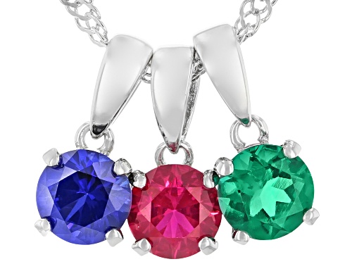 Photo of 1.47ctw Lab Created Ruby, Lab Blue Sapphire, Lab Emerald Rhodium Over Silver 3 Pendants With Chain