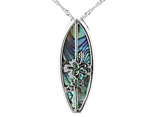 Photo of 30mm X 10mm Multi Color Abalone Shell Rhodium Over Sterling Silver Surfboard Pendant