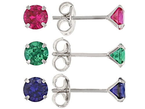 Photo of 2.89ctw Round Lab Created Ruby, Emerald & Sapphire Rhodium Over Sterling Silver Set of 3 Earrings