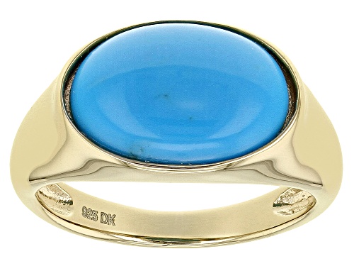 14x10mm Oval Sleeping Beauty Turquoise Solitaire 18K Yellow Gold Over Silver Ring - Size 10
