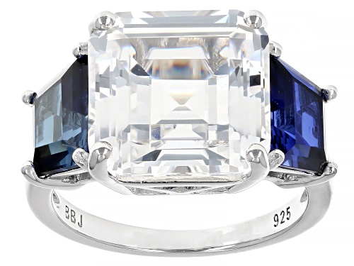 10.63ct Octagonal Lab White Sapphire With 3.00ctw Lab Blue Sapphire Rhodium Over Silver 3-Stone Ring - Size 9
