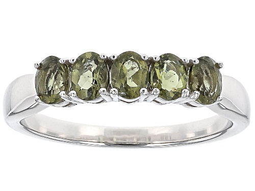 0.50ctw Oval Moldavite Rhodium Over Sterling Silver Band Ring - Size 6