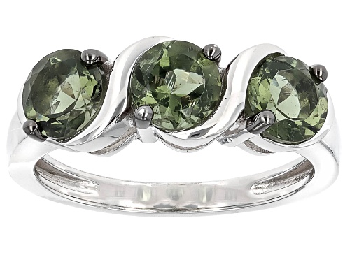 1.35ctw Round Moldavite Rhodium Over Sterling Silver 3-Stone Ring - Size 10
