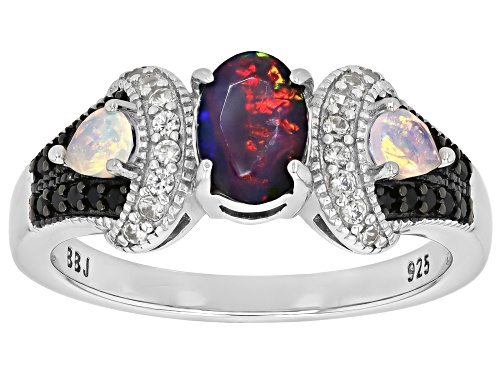 .42ct Black Ethiopian Opal, .15ctw Opal, .12ctw Black Spinel, .12ctw Zircon Rhodium Over Silver Ring - Size 9