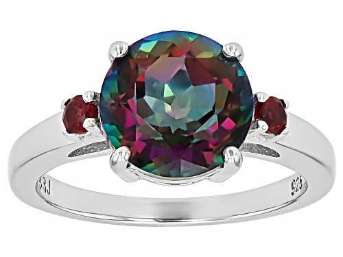2.79ct Round Multi-Color Quartz With 0.15ctw Round Rhodolite Rhodium Over Sterling Silver Ring - Size 10