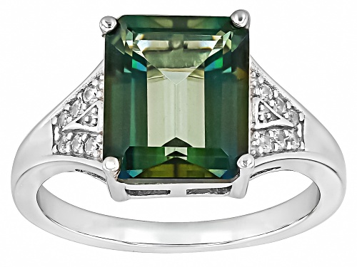 3.59ct Rectangular Octagonal Labradorite With .11ctw White Zircon Rhodium Over Silver Ring - Size 10