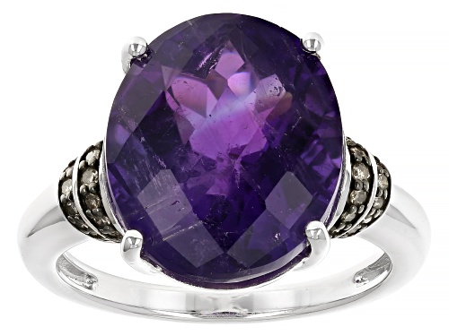 6.28ct Oval African Amethyst With 0.09ctw Champagne Diamond Accent Rhodium Over Silver Ring - Size 8