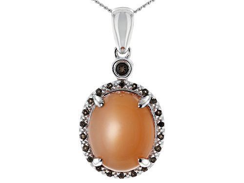 Photo of 12x10mm oval peach moonstone with .12ctw round Smoky quartz silver pendant with chain