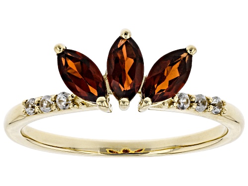 .76ctw Marquise Vermelho Garnet(TM) With .10ctw Round White Zircon 10k Yellow Gold 3-Stone Ring - Size 7