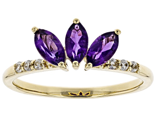 .56ctw Marquise African Amethyst And .10ctw Round White Zircon 10k Yellow Gold 3-Stone Ring - Size 8