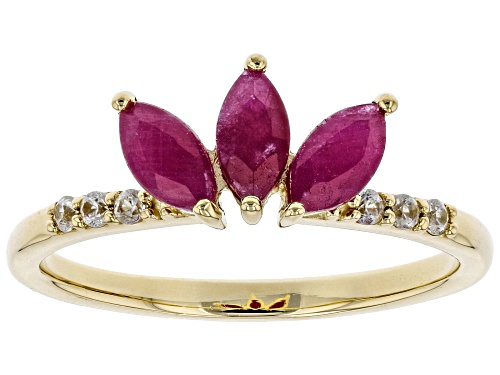 .76ctw Marquise Ruby and .10ctw Round White Zircon 10k Yellow Gold 3-Stone Ring - Size 7